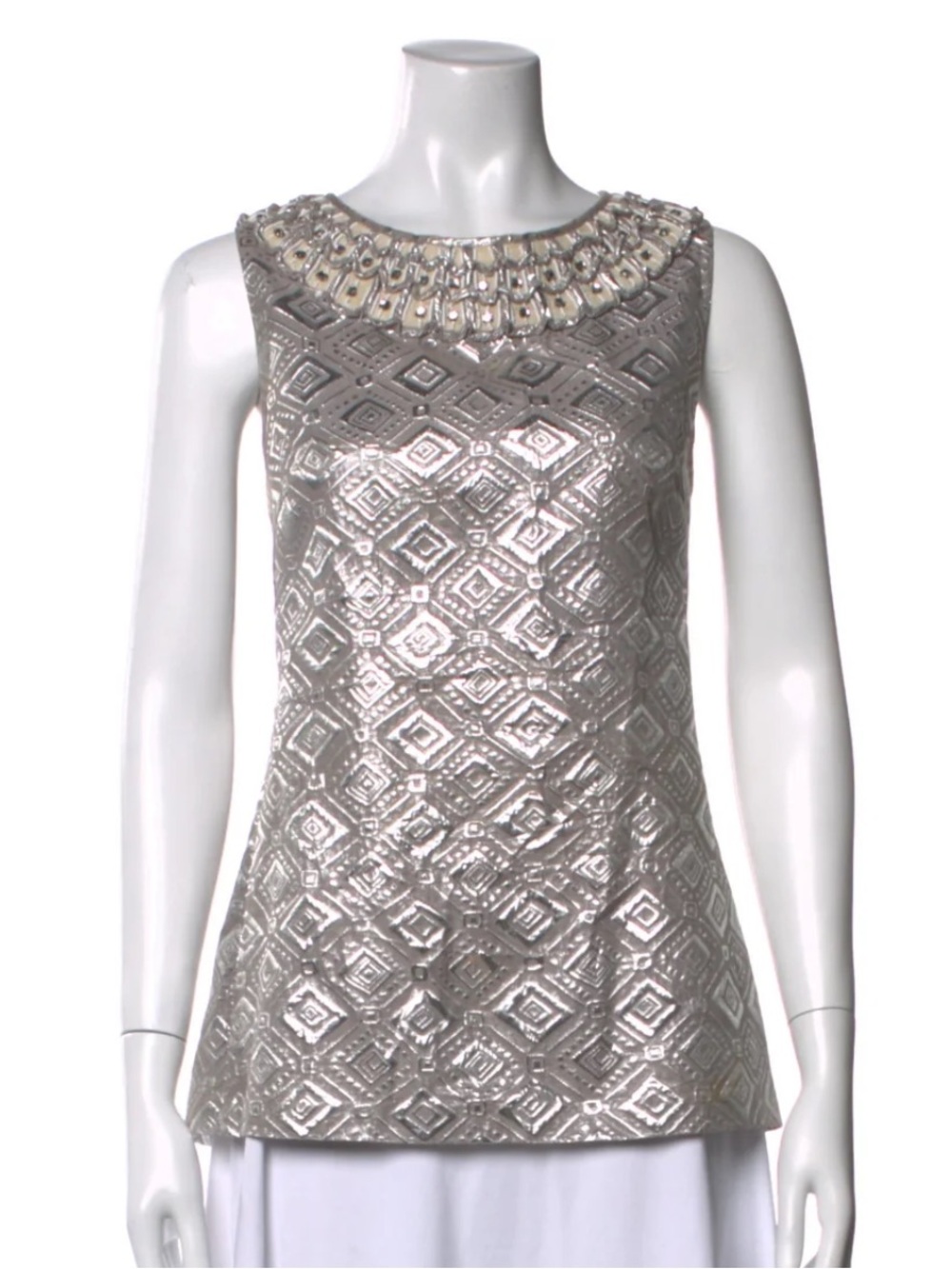 Tory Burch Metallic Silver Venus Embellished Jacquard Sleeveless Top Size 10